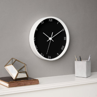 White Roman Numbers Black with White Wooden Frame Clock