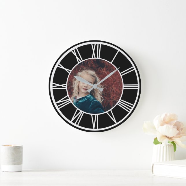 White Roman Numeral Border Black Add Photo Round Large Clock (Home)