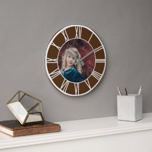 White Roman Numeral Border Brown Add Photo Round Large Clock