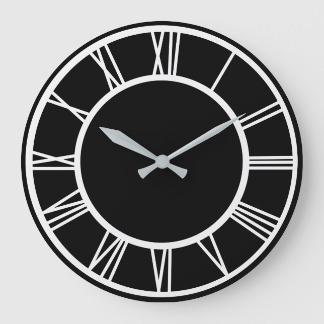 White Roman Numeral Border Pattern Black Round Large Clock (Front)