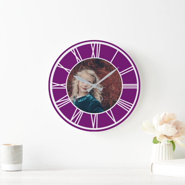 White Roman Numeral Border Purple Add Photo Round Large Clock (Home)