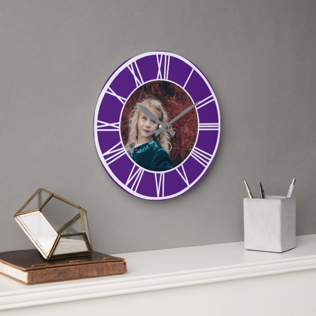 White Roman Numeral Border Royal Purple Photo RD Large Clock (Office)