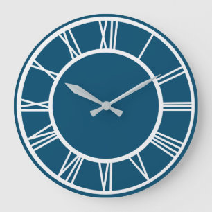 White Roman Numeral Pattern Border Ocean Blue RD Large Clock
