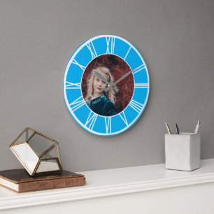 White Roman Numeral Sky Blue Add Photo Round Large Clock