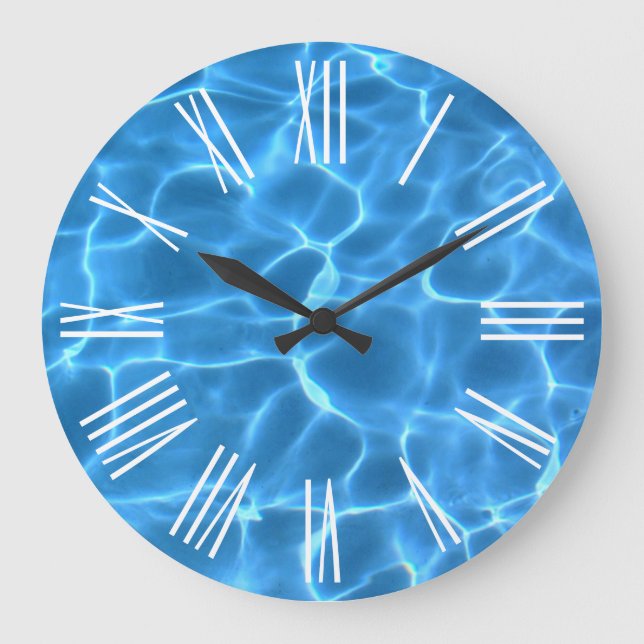 White Roman Numerals Aqua Blue Swimming Pool Large Clock (Front)