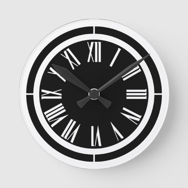 White Roman Numerals on Black Wall Clock (Front)