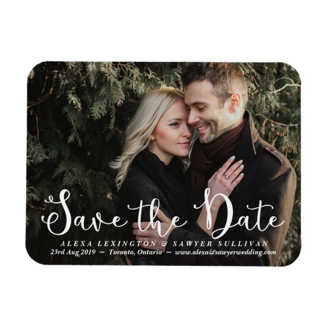 White Romantic Script Photo Save the Date Magnet (Horizontal)