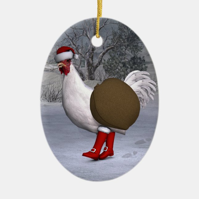 White Rooster Santa Claus Ceramic Ornament (Front)