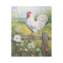 White Rooster Standing on Fence and Daisies