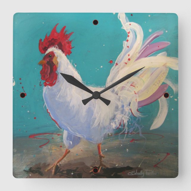White Rooster Wall Clock Turquoise (w/markers) (Front)