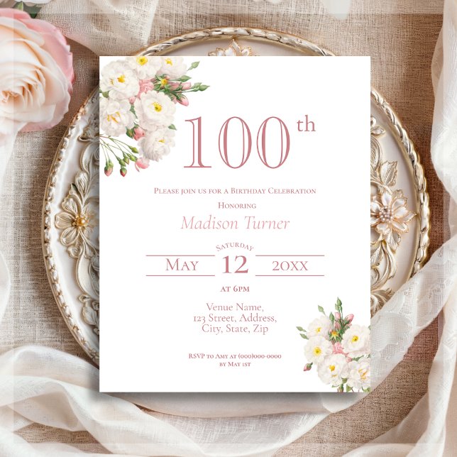 White Rose | 100th Birthday Budget Invitation (Creator Uploaded)