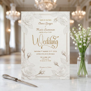 White Rose 3D Paper Cut Effect Faux Gold Wedding Invitation