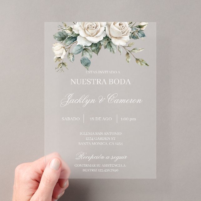 White Rose acrylic Spanish Wedding Invitations (Insitu (Handheld))