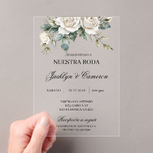 White Rose acrylic Spanish Wedding Invitations