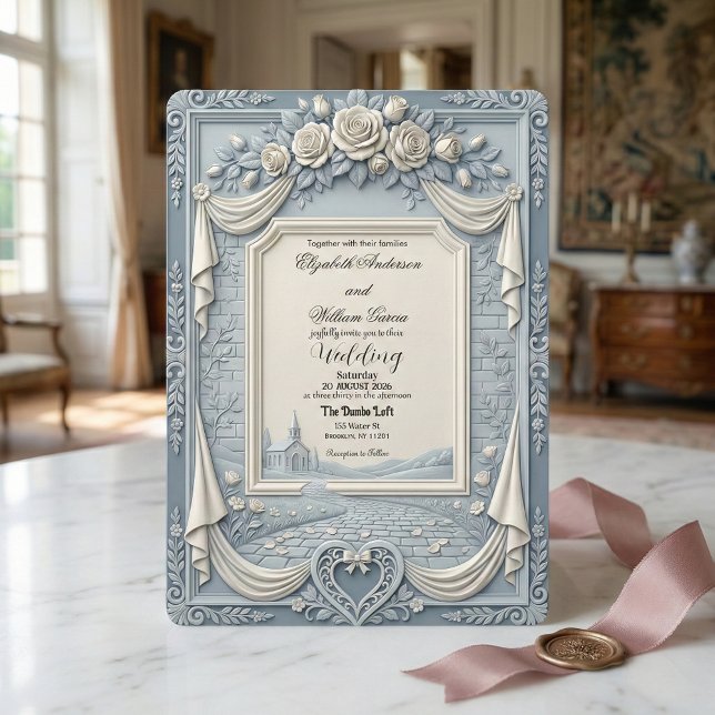 White Rose and Dusty Blue Cream Romance Wedding Invitation (Creator Uploaded)