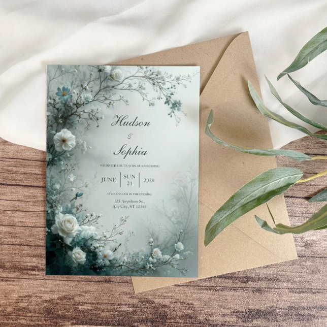 White Rose and Dusty Blue Mist Winter Wedding Invitation (Creator Uploaded)