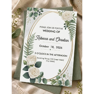 White Rose and Eucalyptus Geometric Gold Wedding Invitation