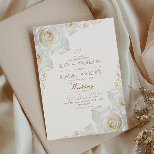 White Rose and Gold Flowers Elegant Soft Wedding Invitation