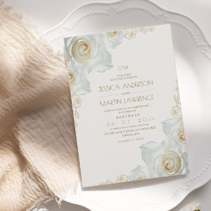 White Rose and Gold Flowers Elegant Wedding Invitation