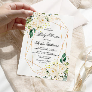 White Rose and Greenery Baby Shower Invitation