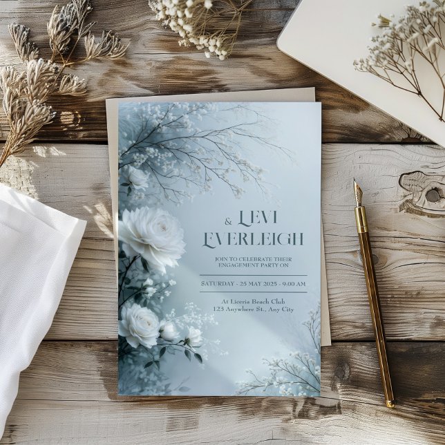 White Rose and Icy Blue Mist Winter Wedding Invitation (Creator Uploaded)