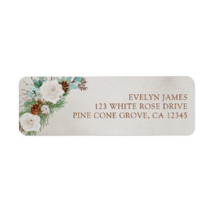 White Rose and Pine Cone Wedding Return Address Label