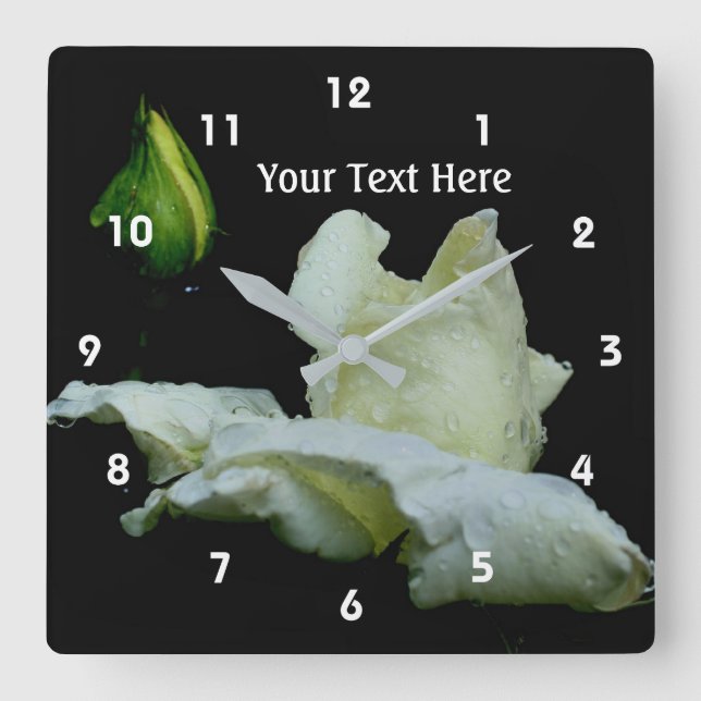 White Rose And Raindrops Flower Square Wall Clock (Front)
