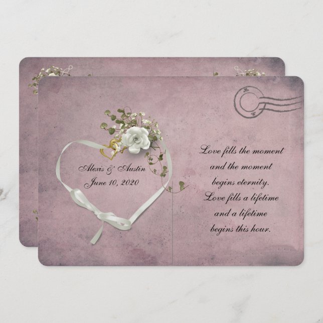 white rose and ribbon heart pink postcard (Front/Back)