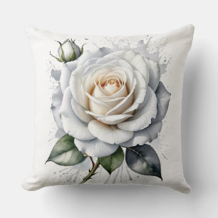 White Rose and rosebud, Silver Leaves Cushion
