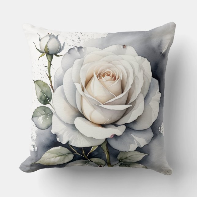 White Rose and rosebud, Silver Leaves Cushion (Front)