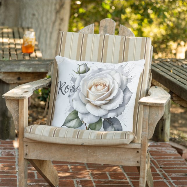 White Rose and rosebud, Silver Leaves Cushion (Chair)