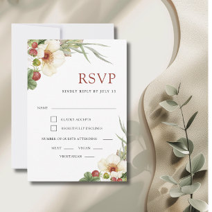 White Rose and Wild Strawberry Wedding RSVP Card