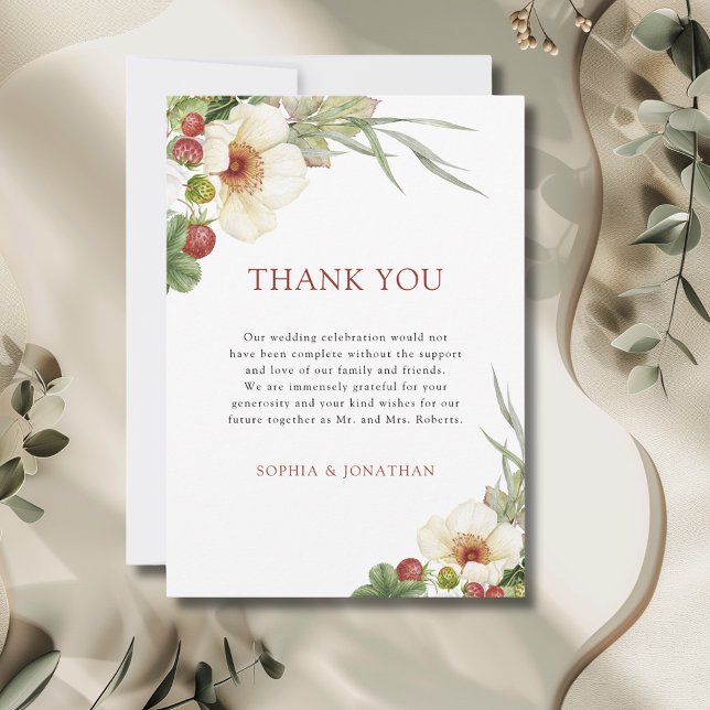 White Rose and Wild Strawberry Wedding Thank You Card (White Rose and Wild Strawberry Wedding Thank You Card with Envelope)