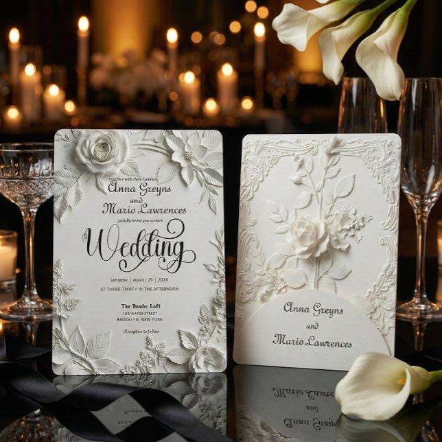 White Rose Bas Relief Faux Embossed Wedding  Invitation (Creator Uploaded)
