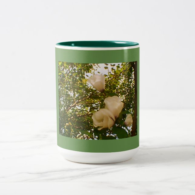 White Rose Blooms Two-Tone Coffee Mug (Center)