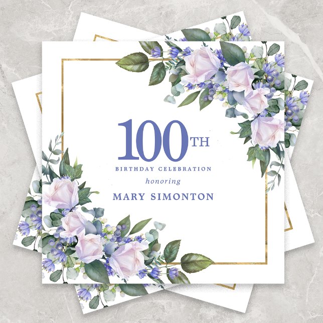 White Rose Blue Floral Custom 100th Birthday Party Napkin (Creator Uploaded)