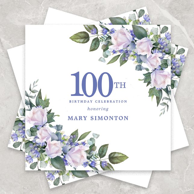 White Rose Blue Floral Custom 100th Birthday Party Napkin (Creator Uploaded)