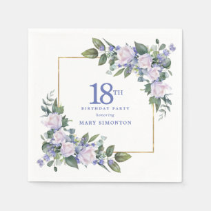 White Rose Blue Floral Custom 18th Birthday Party Napkin