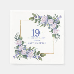 White Rose Blue Floral Custom 19th Birthday Party Napkin