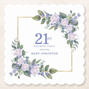 White Rose Blue Floral Custom 21st Birthday Party Paper Coaster