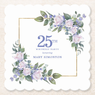 White Rose Blue Floral Custom 25th Birthday Party Paper Coaster