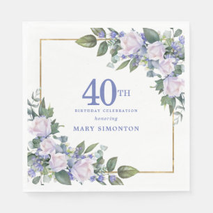 White Rose Blue Floral Custom 40th Birthday Party Napkin