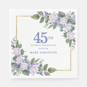 White Rose Blue Floral Custom 45th Birthday Party Napkin