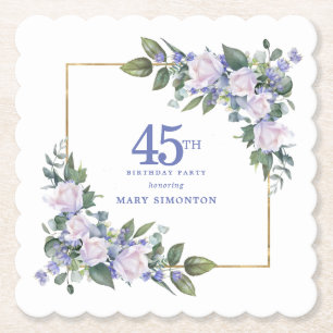 White Rose Blue Floral Custom 45th Birthday Party Paper Coaster