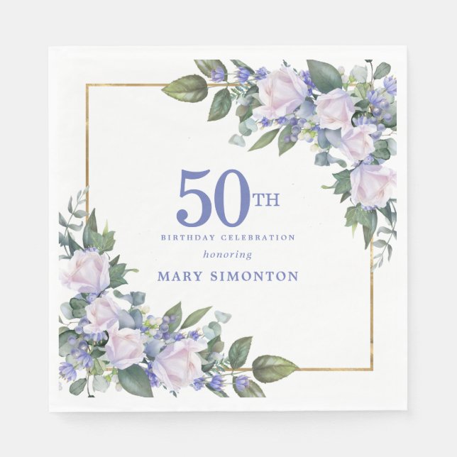 White Rose Blue Floral Custom 50th Birthday Party Napkin (Front)