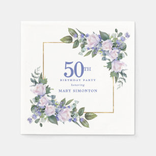 White Rose Blue Floral Custom 50th Birthday Party Napkin