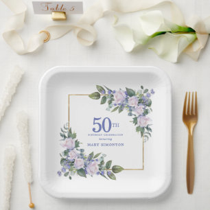 White Rose Blue Floral Custom 50th Birthday Party Paper Plate
