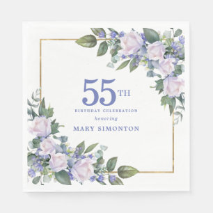 White Rose Blue Floral Custom 55th Birthday Party Napkin