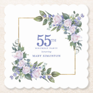 White Rose Blue Floral Custom 55th Birthday Party Paper Coaster