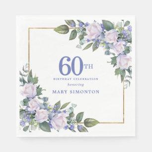 White Rose Blue Floral Custom 60th Birthday Party Napkin